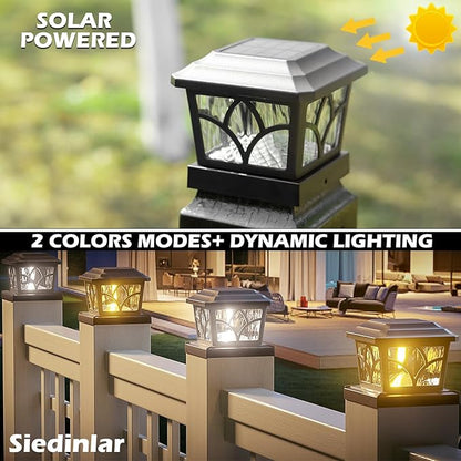 SIEDiNLAR Solar Post Cap Lights Outdoor 4 Modes 40 LEDs Aluminum Glass Fence Post Light for 4x4 5x5 6x6 Vinyl Wooden Posts Patio Deck Decor, Warm White & Cool White Dynamic Lighting Black (4 Pack)