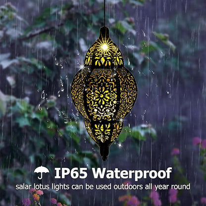 Hanging Solar Lantern Outdoor Decor, Moroccan Solar Lights for Outside Garden Decorations, Waterproof Solar Lanterns Garden Gifts for Mom, Women, Patio, Yard Ornament (Black)