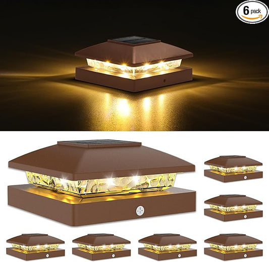 VOLISUN 4x4 Solar Post Cap Light 6pack,Solar Fence - Post Lights Brown Outdoor Waterproof for Wooden/Vinyl Post, with Warm White for Deck