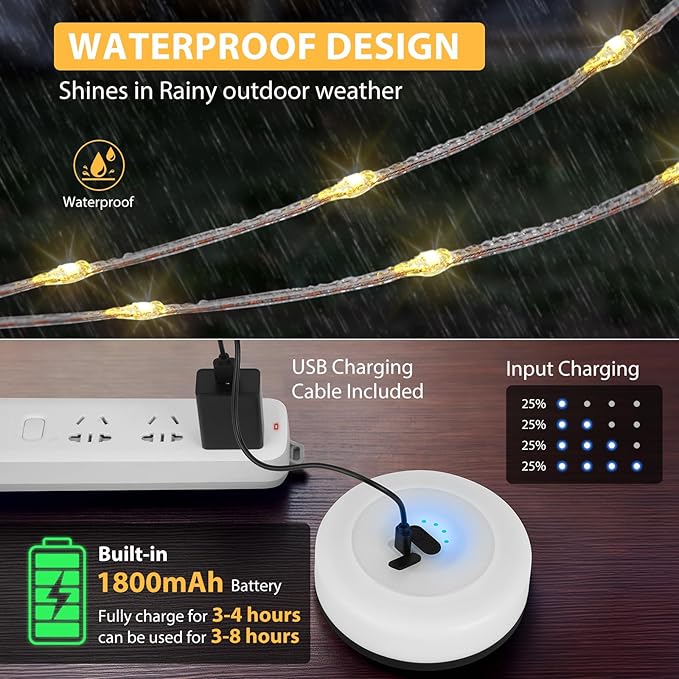 Camping String Lights, 4 in 1 Quick Storage Camping Essentials Gear 32.8FT Rechargeable Tent Lights with 9 Modes Hanging Waterproof LED Camp Lamp for Camping Hiking Patio Garden Festival-Black