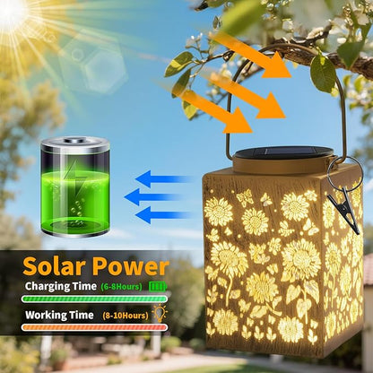 2 Pack Solar Lanterns - Waterproof Metal Hanging Solar Lights Outdoor Decorative, Solar Powered LED Lamp for Patio Tabletop Porch Deck Yard Garden Decor for Outside (Sunflower)