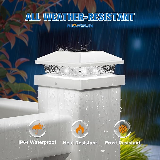 NIORSUN Solar Post Lights Outdoor, Fence Post Solar Lights Cool White, Waterproof, Garden Patio Fence Deck Decor, 4x4 Posts Cap Wood Vinyl, 5x5 Vinyl, White 8 Pack