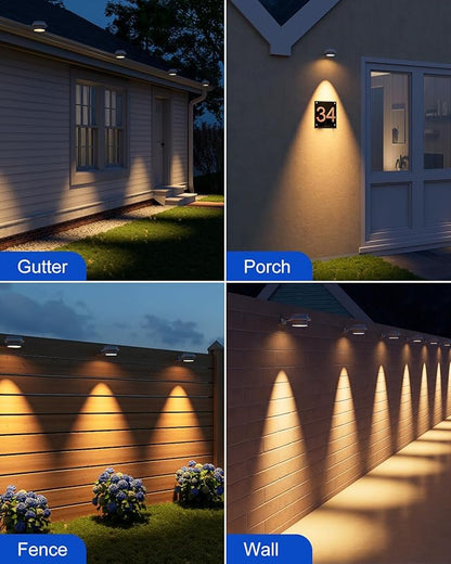 4 Pack White Bright Solar Powered Gutter Mounted Lights Outdoor Waterproof Led Fence Lamp for Lighting Rainspout, Railing, Outside House, Wall, Deck, Porch, Garage, Holeless Installation(Warm White)