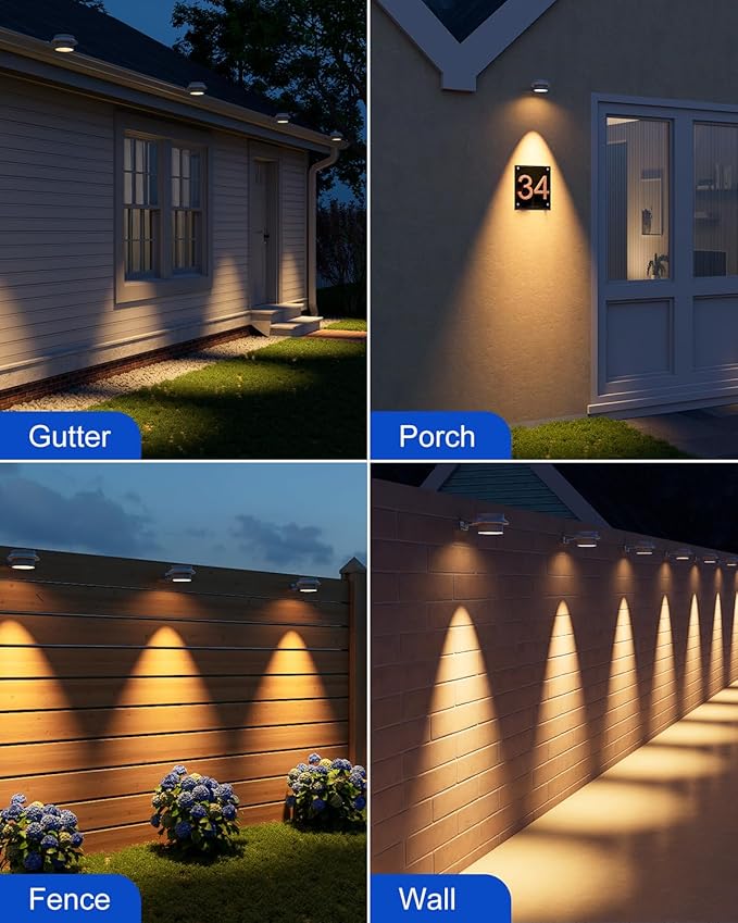 8 Pack White Solar Powered Clip On Gutter Mount Lights Outdoor Waterproof LED Fence Lamp for Lighting Rainspout, Railing, Outside House, Wall, Deck, Porch, Garage, Easy Peasy Installation(Warm White)