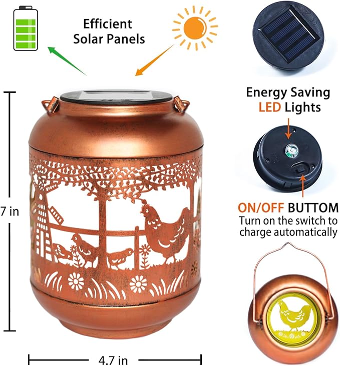 Chicken Solar Lanterns Outdoor Waterproof,Hanging Solar Lights Chicken Gifts for Women Men Metal LED Decorative Light for Yard,Patio,Lawn,Tabletop,Pathway,Landscape,Garden Decor