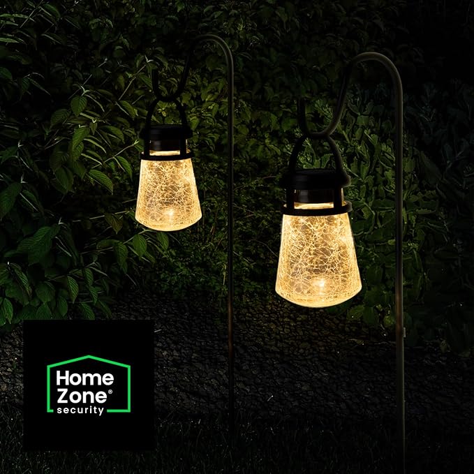 Home Zone Security 2 Packs Solar Crackle Glass Solar Lanterns Light Hanging Outdoor Waterproof 10 Lumens 3000K Decorative Large Crackle Glass Garden LED Lights, No Wiring for Patio Backyard Garden