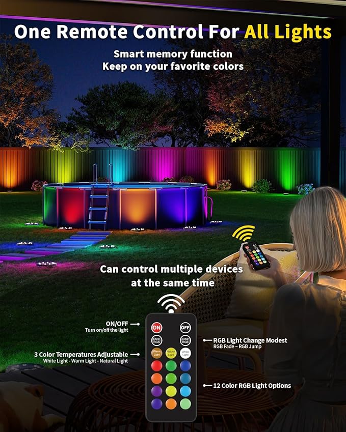 Solar Ground Lights with Remote Control 50ft,IP67 Waterproof Solar Garden 15 Multi Color Lights,RGBYW Solar Powered Outdoor Landscape Lighting for Pathway,Yard,Deck,Lawn,Patio,Walkway,Poolside,8 Pack