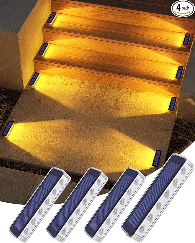 Solar Step Lights for Outside,4 Pack Solar Stair Lights Outdoor Waterproof,Warm White Deck Light Solar Powered Waterproof for Steps,Stairs,Walkway,Sidewalk,Patio,Pathway
