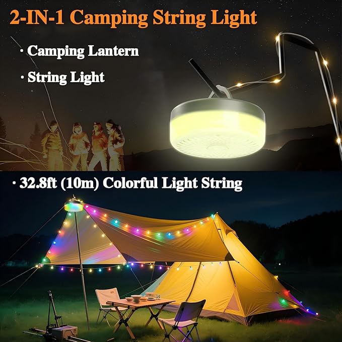 Camping String Lights, 4000mAh Rechargeable Tent Lights with 13 Lighting Modes, 32.8ft Retractable Waterproof Camp Light, Outdoor Portable Lights for Tent, Travel, Garden Decoration