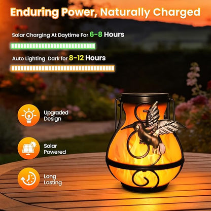 2P Solar Lanterns Outdoor Waterproof, Hanging Metal Hummingbird Flickering Flame Solar Lights Outdoor for Patio Garden Decorative Lights Perfect Gift