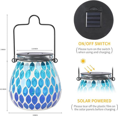 Afirst Mosaic Solar Lanterns - Glass Hanging Lights Hollow Out Waterproof Decorative for Garden, Patio, Holiday Party Outdoor Decoration, Blue-C, 5009420