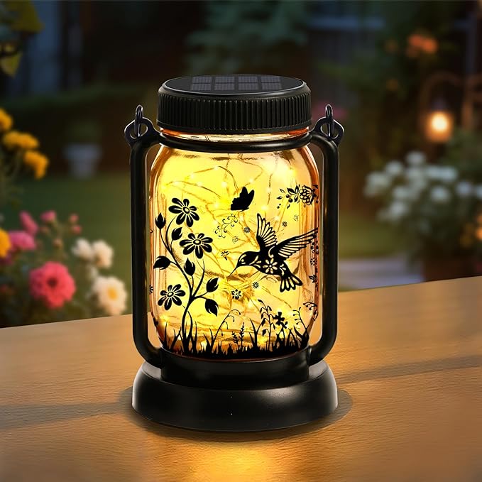 Hummingbird Solar Lanterns Outdoor Waterproof Hanging Solar Lantern Lights Glass Mason Jar Garden Decor 3 in 1 Hummingbird/Cat/Dog for Mom Grandma Sister Birthday, 1*Lanterns & 3*Patterns