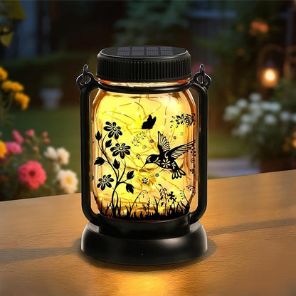 Hummingbird Solar Lanterns Outdoor Waterproof Hanging Solar Lantern Lights Glass Mason Jar Garden Decor 3 in 1 Hummingbird/Cat/Dog for Mom Grandma Sister Birthday, 1*Lanterns & 3*Patterns