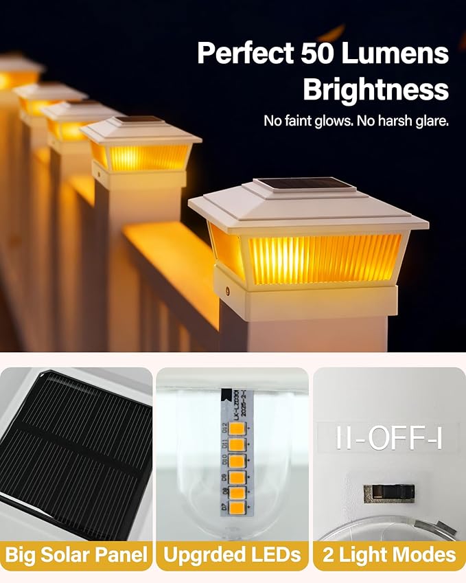 Solar Post Cap Lights Outdoor for 4x4 5x5 6x6 Wood/Vinyl Posts, 12 Pack Fence Post Solar Lights with Flickering Flame & Warm Modes for Deck/Garden/Patio, IP65 Waterproof - White