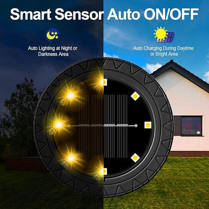 Solar Powered 8 Pack Outdoor LED Disk Lights - IP68 Waterproof, Non-Slip, Wear-Resistant Pathway Lights (Warm White)
