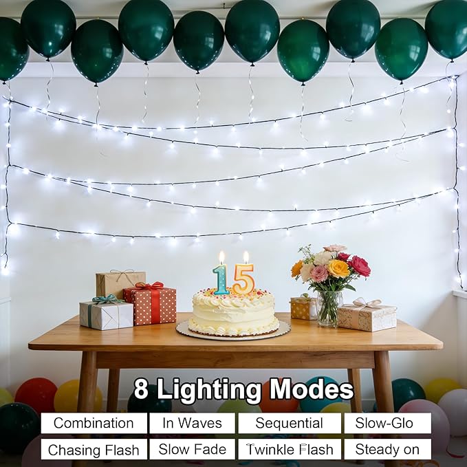 QITONG 2 Pack White Battery Operated String Lights, Each 33ft 100 LED Christmas Lights Outdoor with Remote, Green Wire Twinkle Lights Indoor