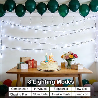 QITONG 2 Pack White Battery Operated String Lights, Each 33ft 100 LED Christmas Lights Outdoor with Remote, Green Wire Twinkle Lights Indoor