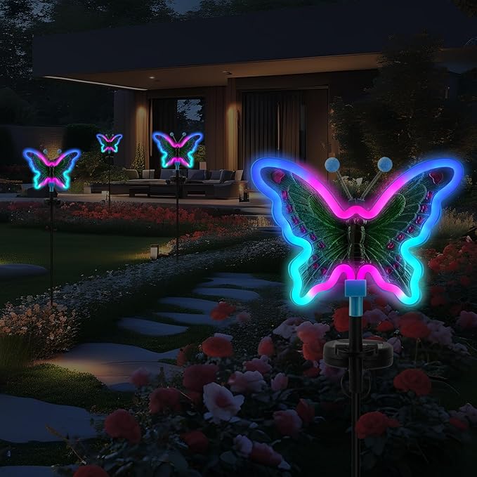 Solar Butterfly Lights Outdoor,Butterfly Solar Lights for Outside, Solar Garden Decor, Outdoor Garden neon Lights,Pathway Butterfly Lights, Gifts for mom (Light Blue,2pack)