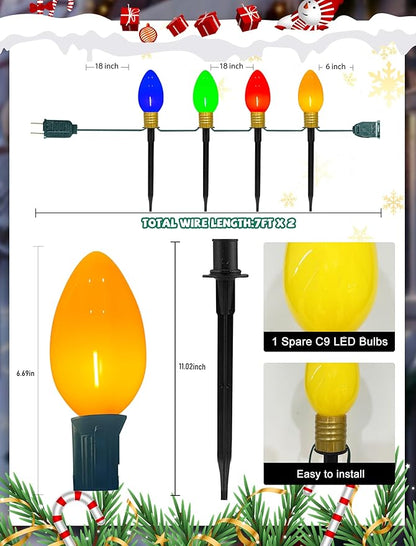 Jumbo C9 Christmas Pathway Lights Outdoor, 14Ft Outdoor Xmas Decorations Stakes Lights with 8 LED Jumbo Multicolor Bulb Christmas Walkway Lights for Outside Lawn Yard Garden Sidewalk Holiday