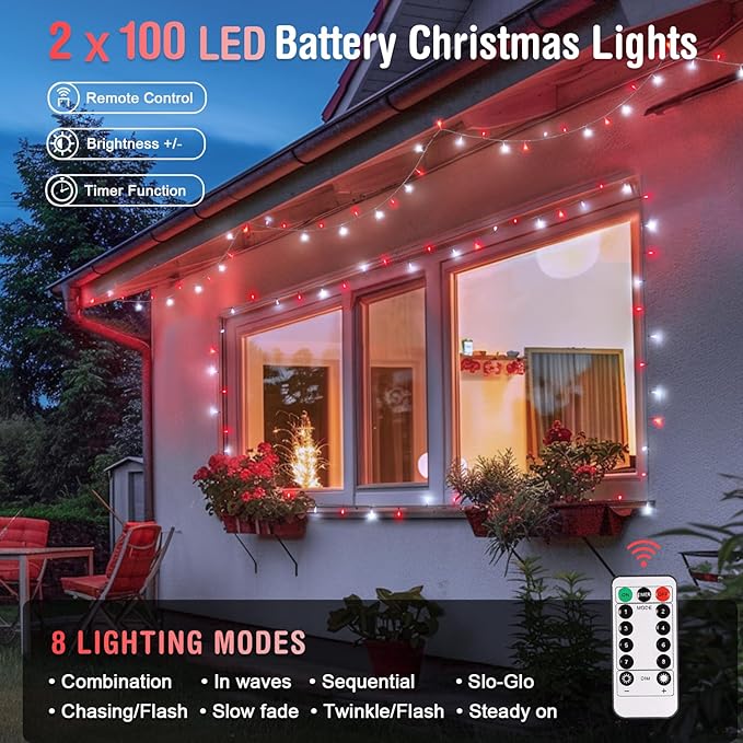 Christmas Fairy Lights 2-Pack, 33ft 100 LED Battery Twinkle Lights