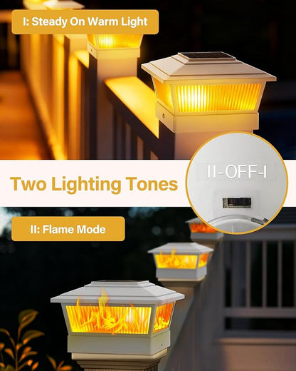 Solar Post Cap Lights Outdoor for 4x4 5x5 6x6 Wood/Vinyl Posts, 6 Pack Fence Post Solar Lights with Flickering Flame & Warm Modes for Deck/Garden/Patio, IP65 Waterproof - White
