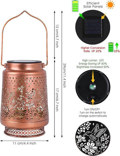 Solar Lanterns Outdoor Waterproof Decorative Garden Solar Lights Outdoor,Hanging Hollow Out Metal Ornaments Decor for Outside Lawn,Patio,Balcony,Yard Unique Gifts for Women Hummingbird