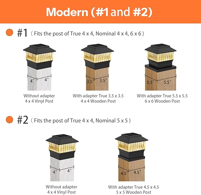 Solar Post Cap Lights 4 Pack, Modern #1: Fits True 4x4 Vinyl, 4x4 & 6x6 Wood Posts, 3 Color Temperature, 50 Lumen Waterproof Outdoor Lights for Deck Fence, Matte Black