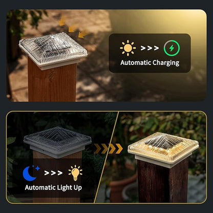 Glass Solar Post Cap Lights with Timber Style - Decorative Deck Fence Lights for 4x4 5x5 Posts Hidden Solar Panel, Modular Design, 10Hr Runtime, IP65, Warm White, White, 8 Pack
