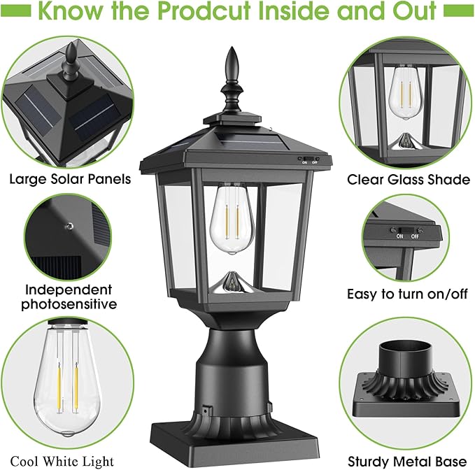 Greluna Solar Post Light Outdoor,2Pack 60 Lumens Dusk to Dawn Lamp Post Light, Solar Powered & Waterproof, Fits 6x6 Wooden Posts, 3 Inch Poles, for Garden, Pathway, Driveway, Fence & Yard（Cool White）