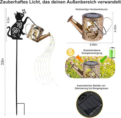 Solar Watering Can Lights with Fairy & Flowers, Outdoor Garden Decor with Cascading String Lights, Waterproof Solar Powered Hanging Lantern for Patio Yard Pathway, Gift for Mom Cat Lovers Gardeners