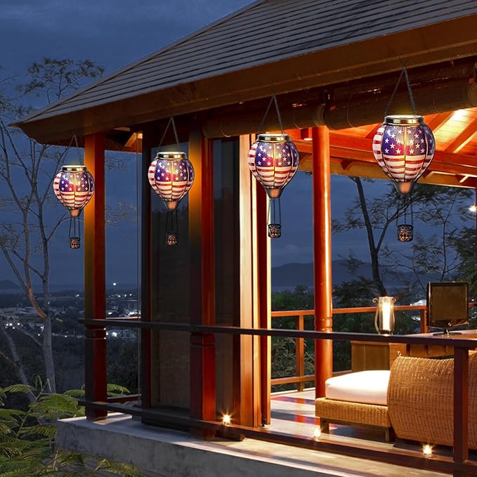 Larekook Solar Hot Air Balloon Lantern with Flame Flickering,Glass Hot Air Balloon Solar Lantern Outdoor Waterproof Hanging Garden Light for Patio Porch Yard,Birthday Gifts for Women(American Flag)