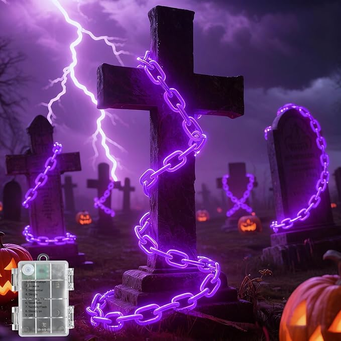 10Ft Purple Halloween Chain Lights Battery Operated with Timer, 8 Modes Halloween Decorations Indoor Outdoor, Waterproof Lighted Plastic Chains for Haunted House Party Cosplay Props Skeleton Dog