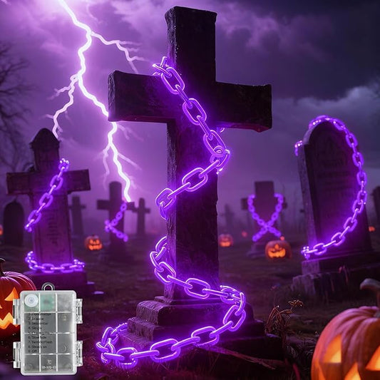 10Ft Purple Halloween Chain Lights Battery Operated with Timer, 8 Modes Halloween Decorations Indoor Outdoor, Waterproof Lighted Plastic Chains for Haunted House Party Cosplay Props Skeleton Dog