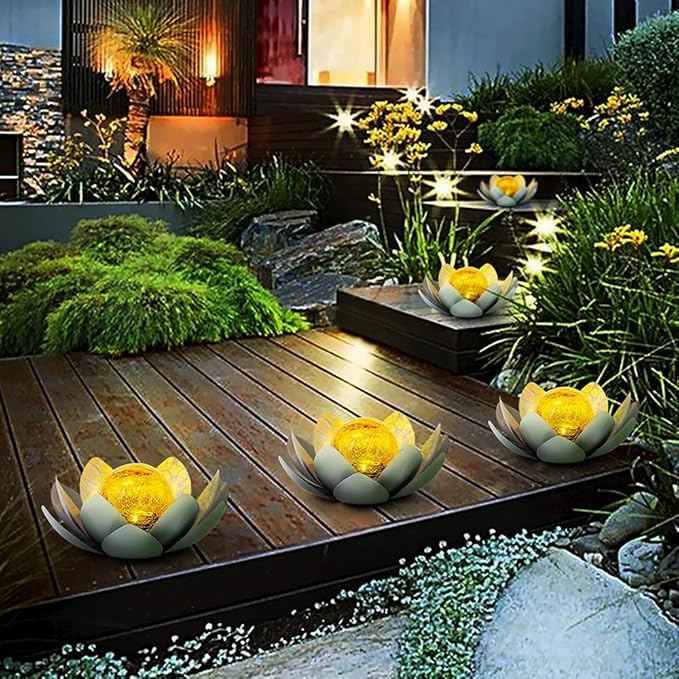 Huaxu Solar Lights Outdoor Garden Decor, Amber Crackle Globe Glass Lotus Decoration,Waterproof Gray Metal Flower Light for Patio,Lawn,Walkway,Tabletop,Ground