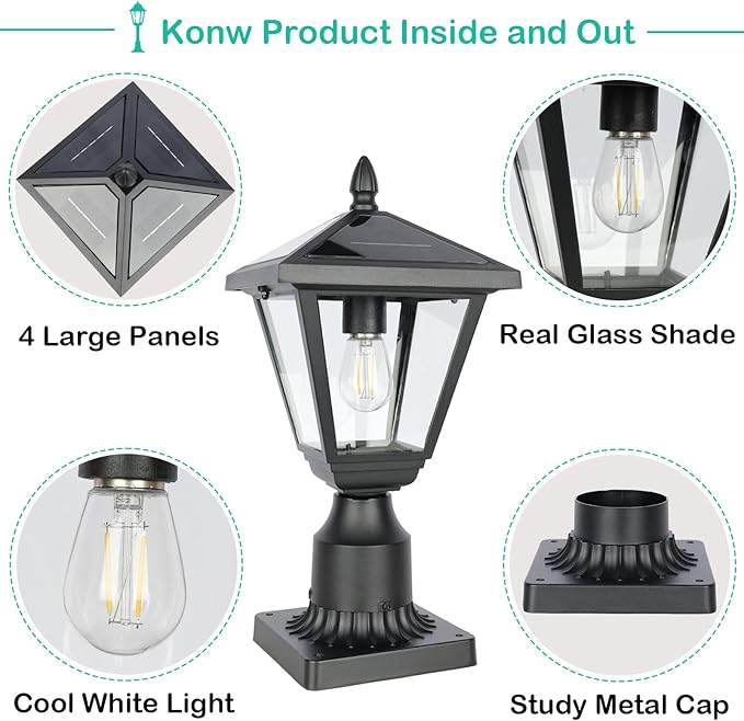 Solar Post Lamp Lights, Metal and Glass Built Dusk to Dawn Solar Post Lights with Pier Mount Base, 6000K Outside Lights Outdoor Waterproof for Garden Yard Pole Pillar(Cool White)