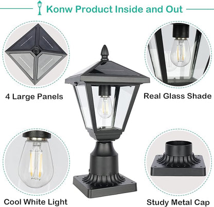 Solar Post Lamp Lights, Metal and Glass Built Dusk to Dawn Solar Post Lights with Pier Mount Base, 6000K Outside Lights Outdoor Waterproof for Garden Yard Pole Pillar(Cool White)