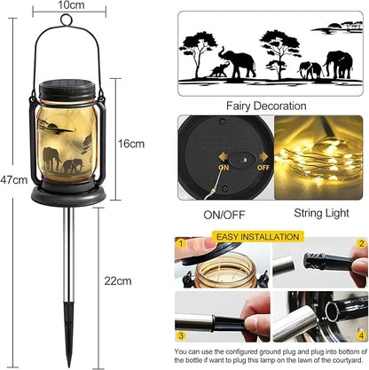 2 Pack Outdoor Hanging Solar Lanterns, Elephants Vintage Glass Mason Jar Fairy Lights, Birthday Mothers Day Gifts for Women Mom Grandma, Waterproof Garden Lights for Patio Yard Lawn Tree