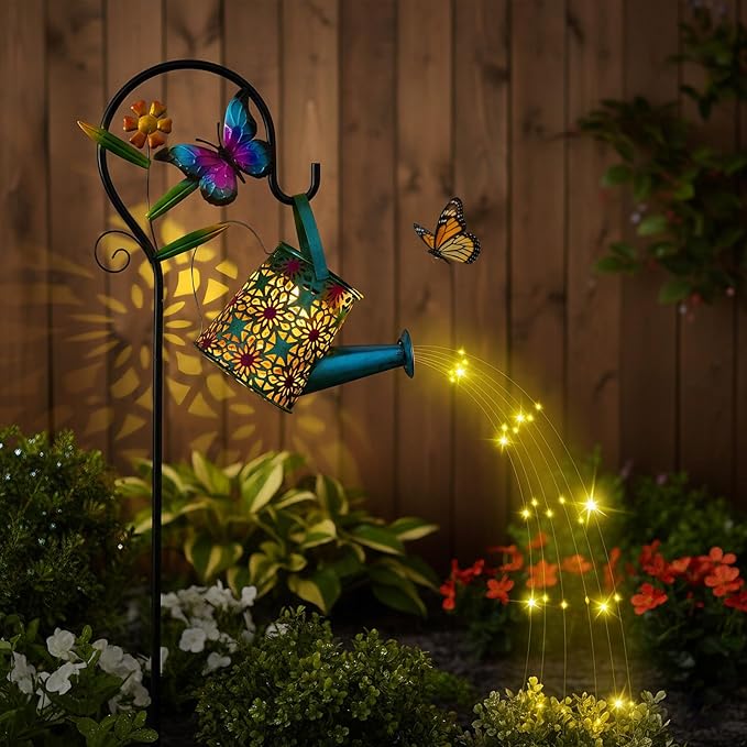 Solar Watering Can with Cascading Lights Outdoor Garden Decor,Waterproof Solar Lantern with Butterfly Shepherd Hook,Hanging Garden Lights for Outdoor Decoration,Unique Garden Gifts for Women