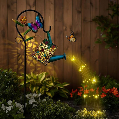 Solar Watering Can with Cascading Lights Outdoor Garden Decor,Waterproof Solar Lantern with Butterfly Shepherd Hook,Hanging Garden Lights for Outdoor Decoration,Unique Garden Gifts for Women