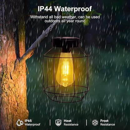 Solar Lights Outdoor Waterproof,Solar Lantern 2 Pack,Metal Hanging Outdoor Lanterns,Handle with Edison Bulb Solar Powered Lights for Yard Garden Patio Porch Pathway Decor
