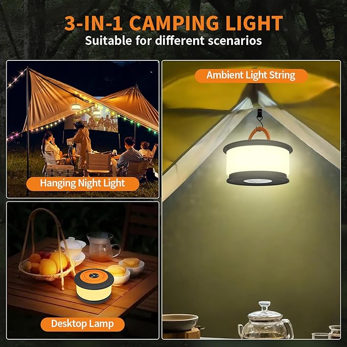 Camping String Lights, 3 in 1 Upgraded Retractable RGB Outdoor String Lights with 19 Lighting Modes,Quick 30s Recovery, 32.8 FT Portable Tent Lights, Rechargeable Camping Lantern (Black&Orange)