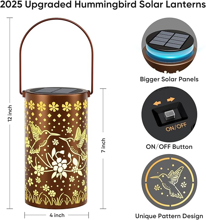 Hummingbird Solar Lanterns Outdoor Waterproof: Mothers Day Gifts for Women Mom Grandma - Decorative Hanging Metal Lanterns for Patio Yard Pathway - Solar LED Garden Lights for Outdoor Decor - 1 Pack