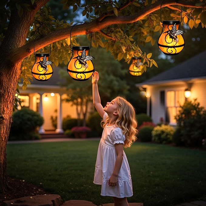 Solar Hummingbird Lanterns 2-Pack, Outdoor Hanging LED Decor