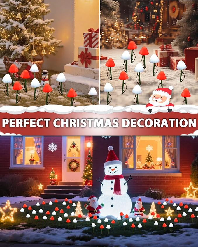 OZS 2PK 32LED 55FT Red and White Christmas Decorations Mushroom Solar Lights, Christmas Lights Outdoor with 8 Lighting Modes, Solar String Lights Waterproof for Outside Yard Party