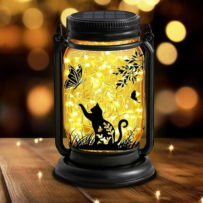 YJFWAL Solar Cat & Butterfly Lanterns Outdoor Waterproof - Cat Lover Gifts for Women Mom Grandmom Birthday Mothers Day, LED Hanging Mason Jar Fairy Lights for Garden Yard Patio Decor