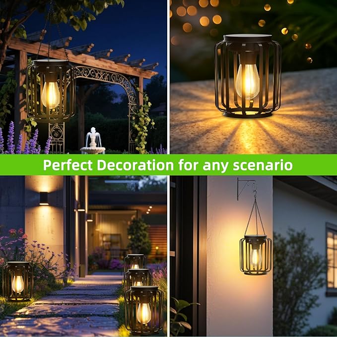 2 Pack Solar Lanterns Outdoor Waterproof, Upgraded Metal LED Lanterns, Warm Light, Auto On/Off, Brighter Hanging Solar Lantern for Yard Patio Pathway Porch Garden Decor (Columnar)