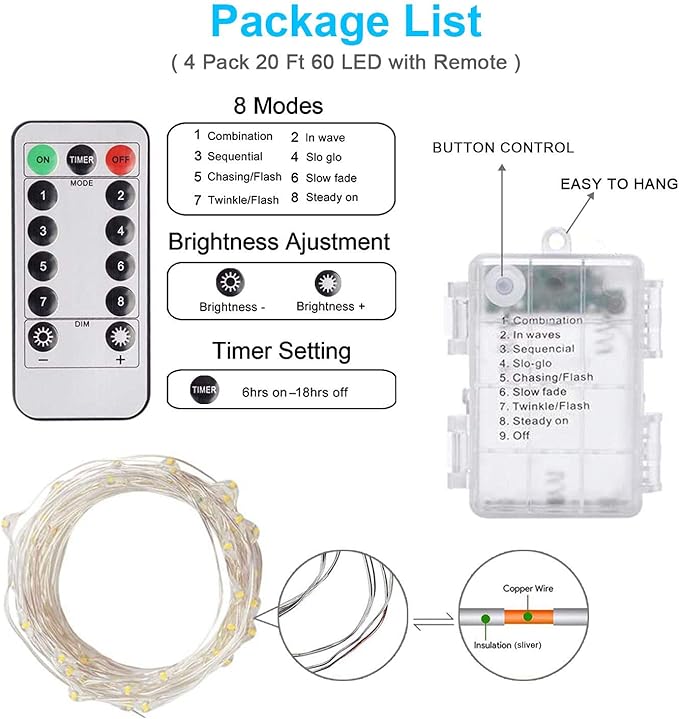 4-Pack 20ft Christmas LED String Lights, Waterproof Timer Lights