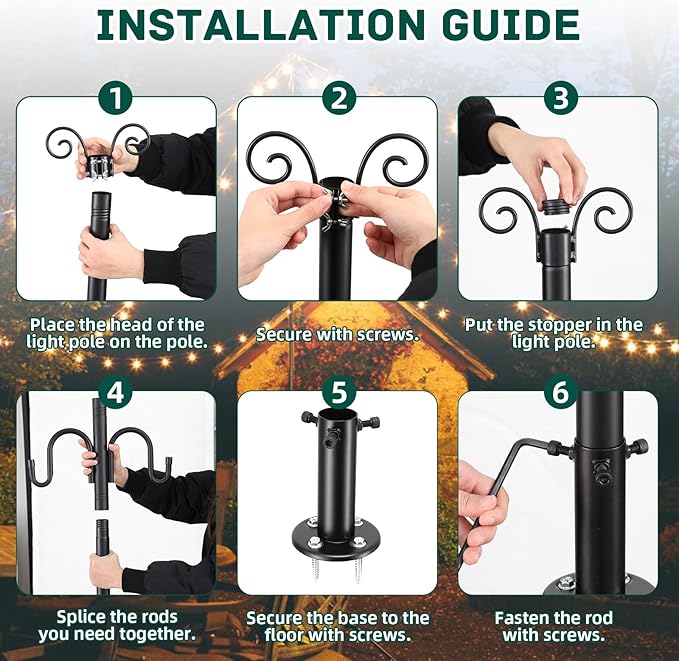 String Light Poles, 10FT Patio Light Poles for String Lights Metal Post Pole with Hooks to Hang Outdoor String Lights, Plant Baskets, Bird Feeder
