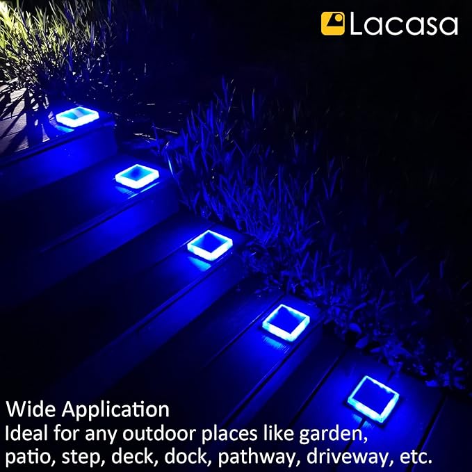 Lacasa Blue Solar Deck Lights 4 Pack, Dusk to Dawn Large Battery Step Lights, Big Solar Powered Waterproof Dock Lights, LED Solar Lights Outdoor Garden Stair Driveway Walkway Pathway Warning Lamp