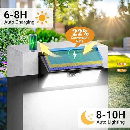 Solar Motion Lights Outdoor, 318 LED Waterproof Fence Light Solar Powered with 3 Lighting Mode, Cold White LED Step Light for Outside Wall Yard Deck Stairs Garden - 1 Pack